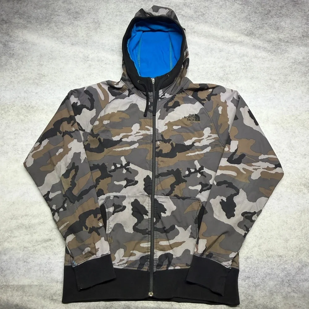 The North Face Mens Camo Full Zip Hoodie Grey Brown Blue Lining‎ Size M